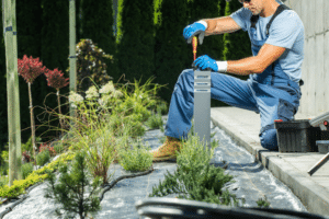 Low-voltage landscape lights being checked and maintained in a backyard