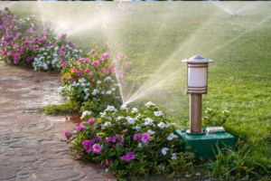 Water-efficient sprinkler system watering lawn in Cleveland