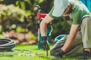 Man installing sprinkler system for DIY vs professional installation