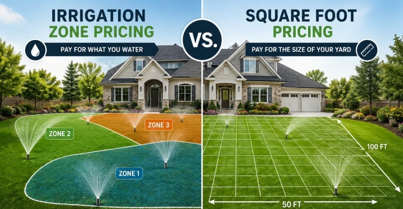Side-by-side comparison of irrigation zone pricing and square foot pricing for sprinkler systems in a residential lawn