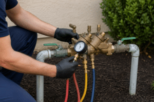 Certified technician inspecting a backflow prevention device to meet annual backflow inspection requirement