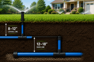 Diagram showing how deep irrigation pipes should be buried in Ohio, with 8–12" lateral and 12–18" main lines