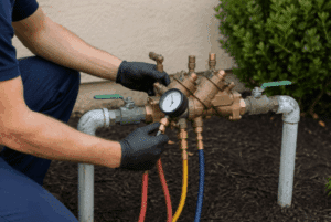Technician testing a backflow preventer during an inspection