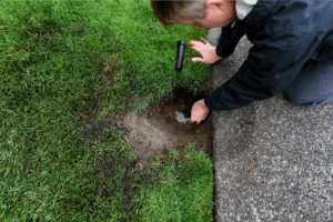 Technician inspecting and repairing a residential sprinkler system before winter to help prevent freeze damage.